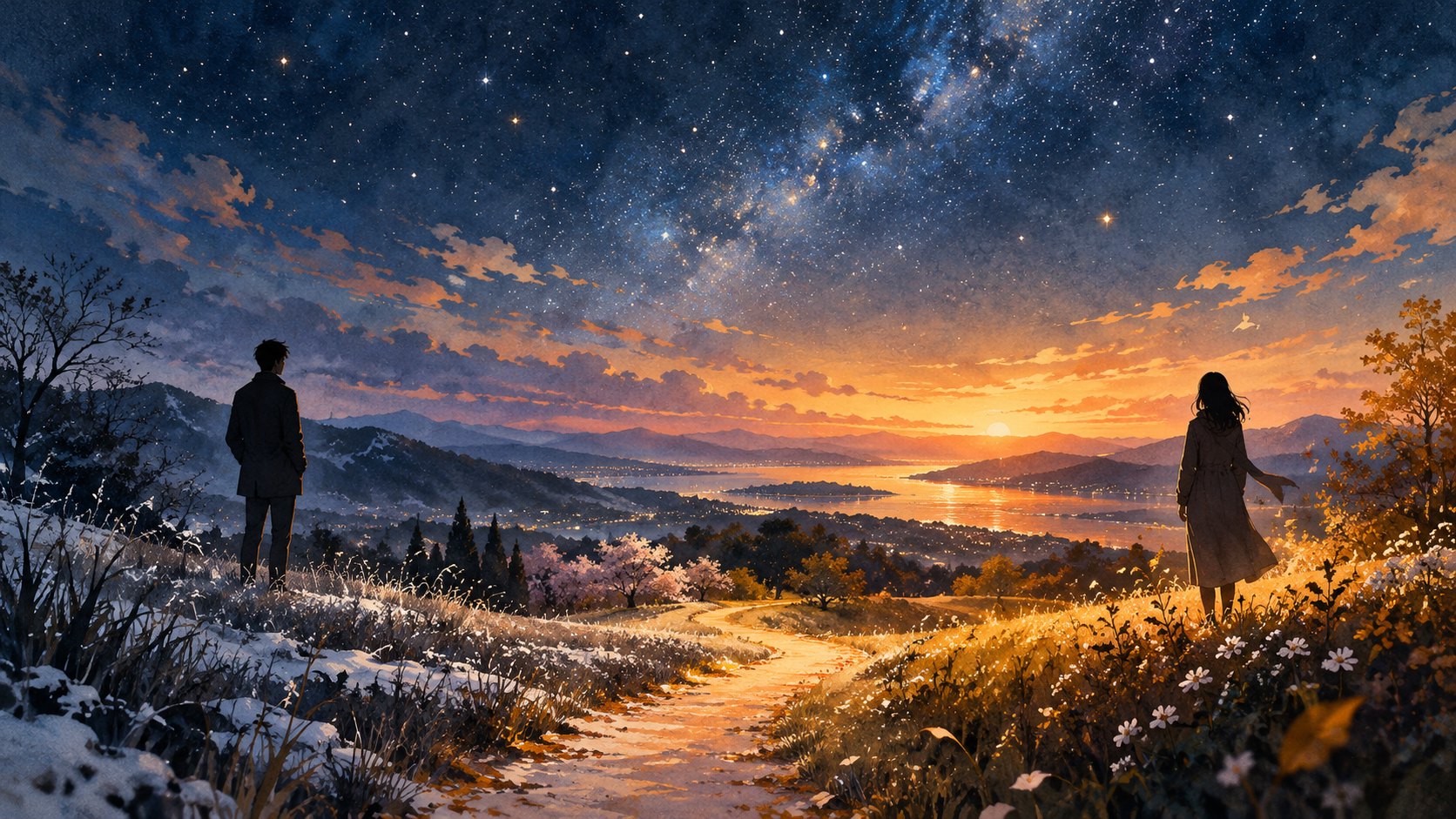 兩道人影分立於星空下的四季景色之間,以原創概念插畫呈現愛情與時間的距離,非電影劇照
