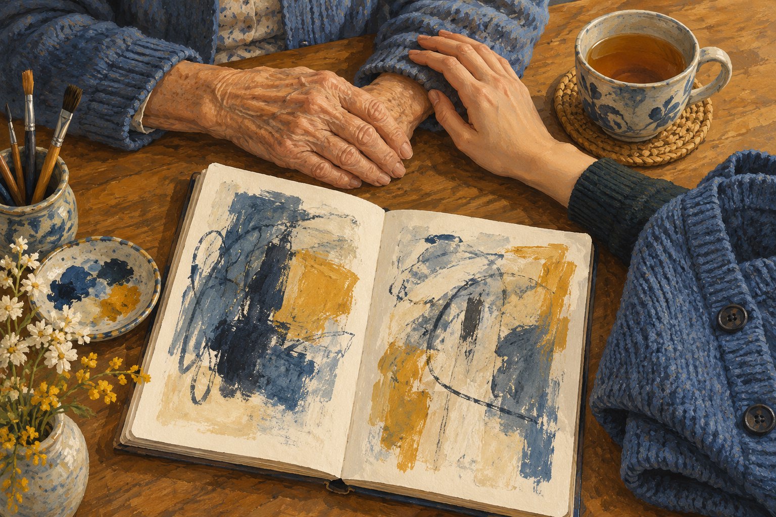 Conceptual illustration of older and younger hands beside an open sketchbook, painting supplies, a blue cardigan, and a cup of tea.