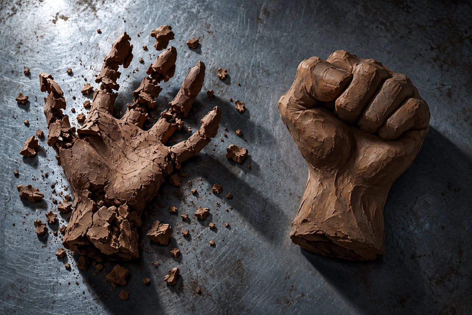 An open, crumbling clay hand beside a solid clay fist on a gray metal surface.