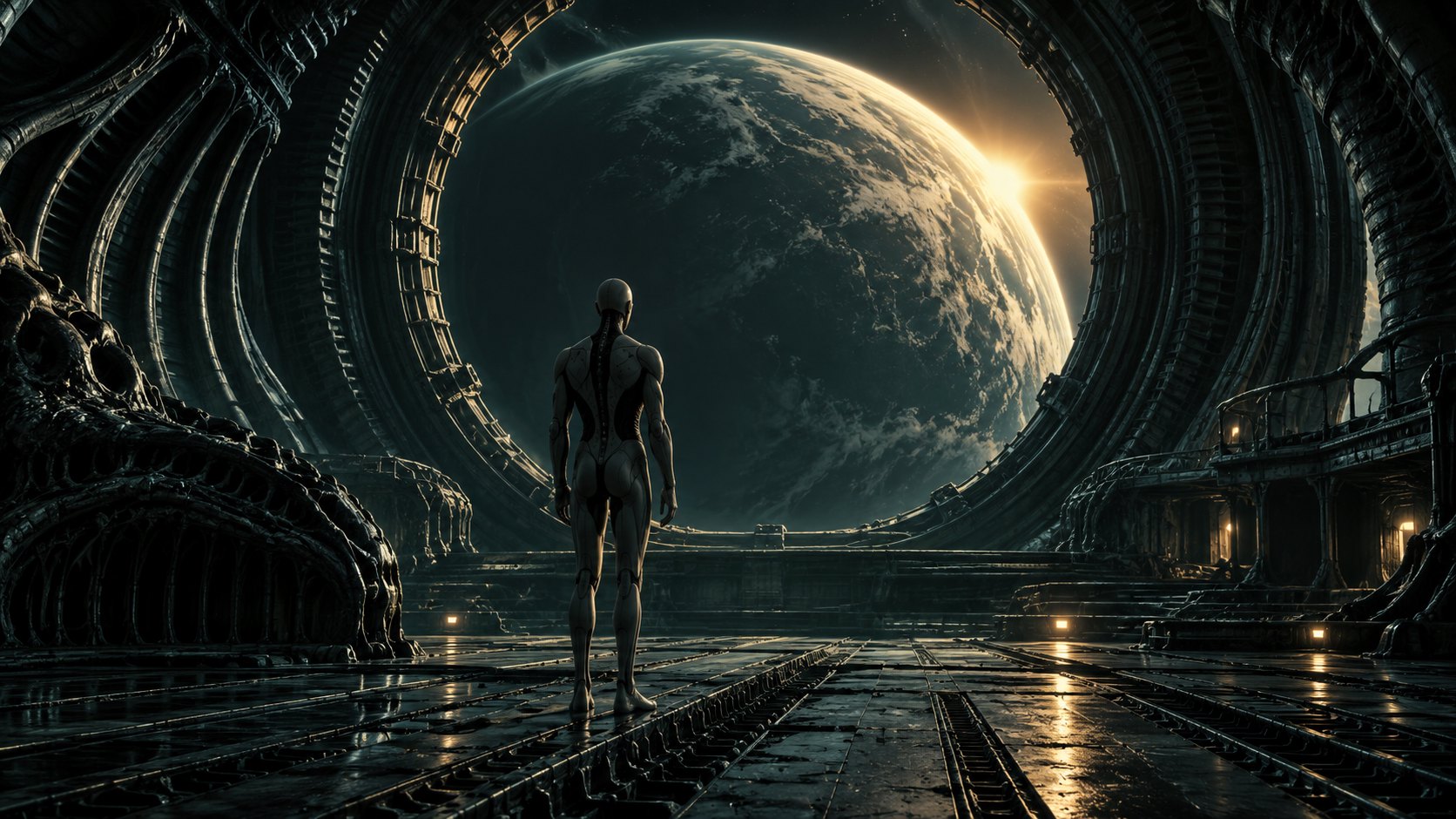 孤獨仿生人站在幽暗太空艙內凝望遠方星球,呈現造物者野心的科幻概念插圖