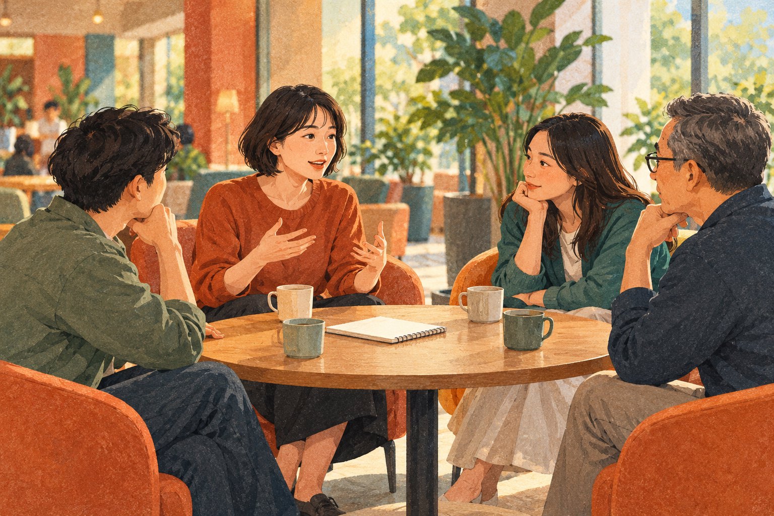 四位观众围坐木桌交流观影感受，一人讲述、其他人倾听的主题插画