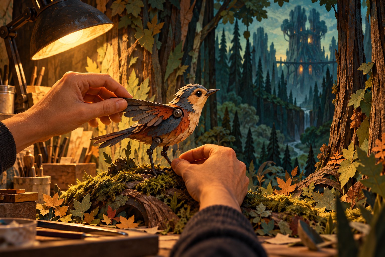 Conceptual illustration of an artisan positioning a bird puppet in a miniature forest beneath a warm studio lamp.