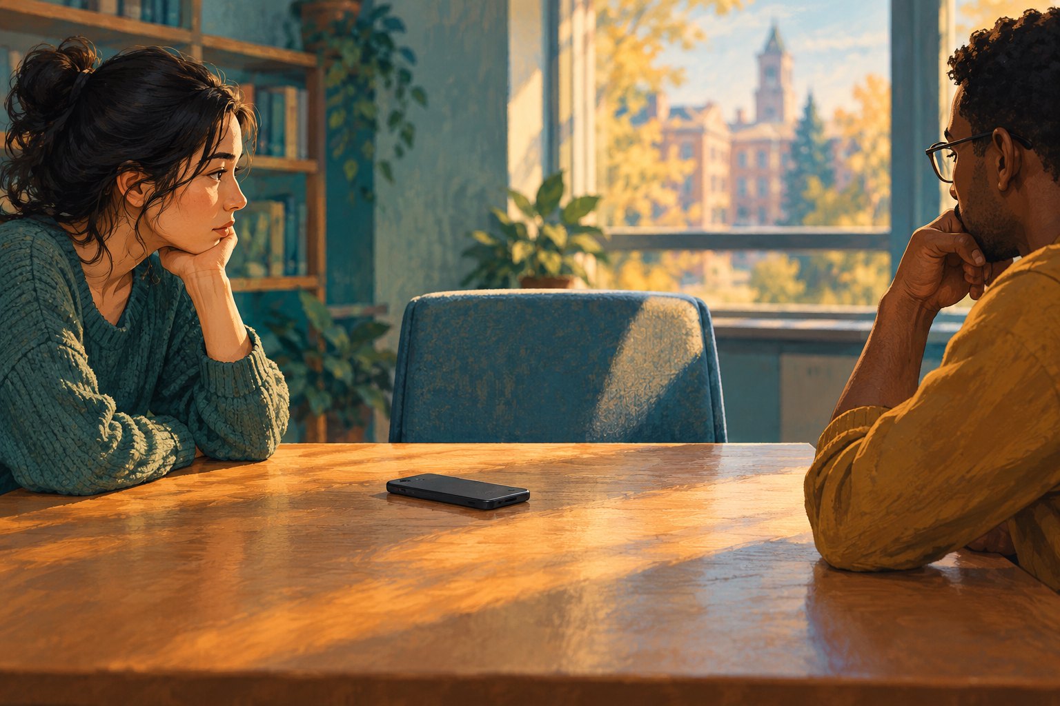 Conceptual illustration of two students listening across a table with an empty chair between them and a phone lying face down.