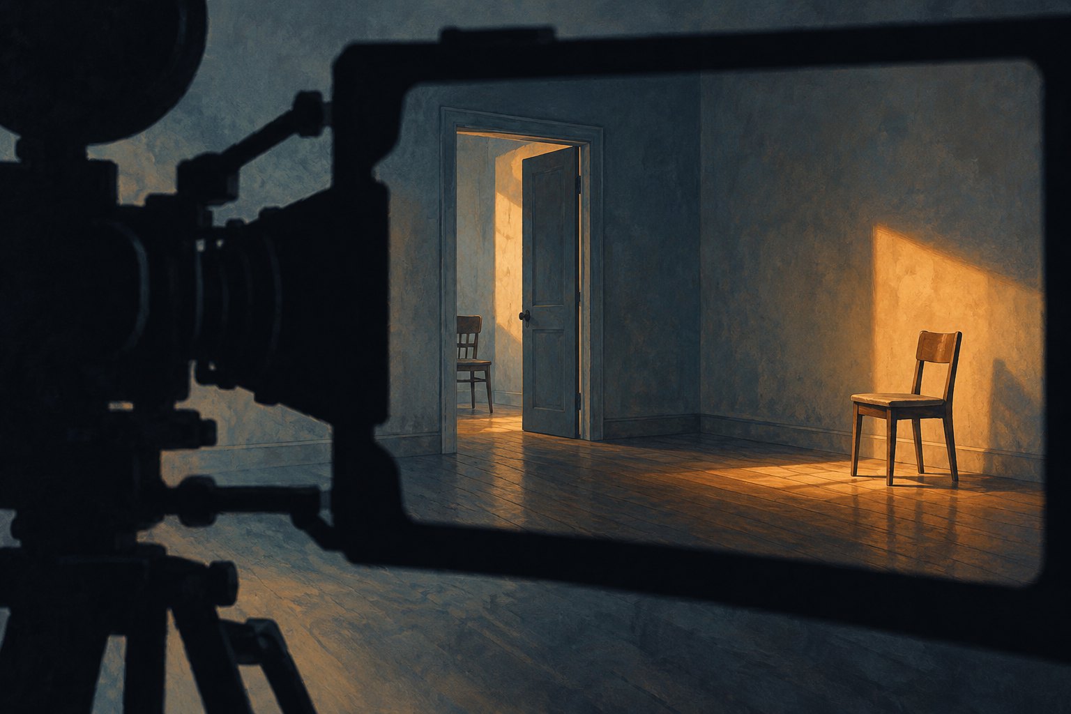 Conceptual illustration of a movie camera framing two empty chairs, one illuminated and another partly hidden beyond a doorway.