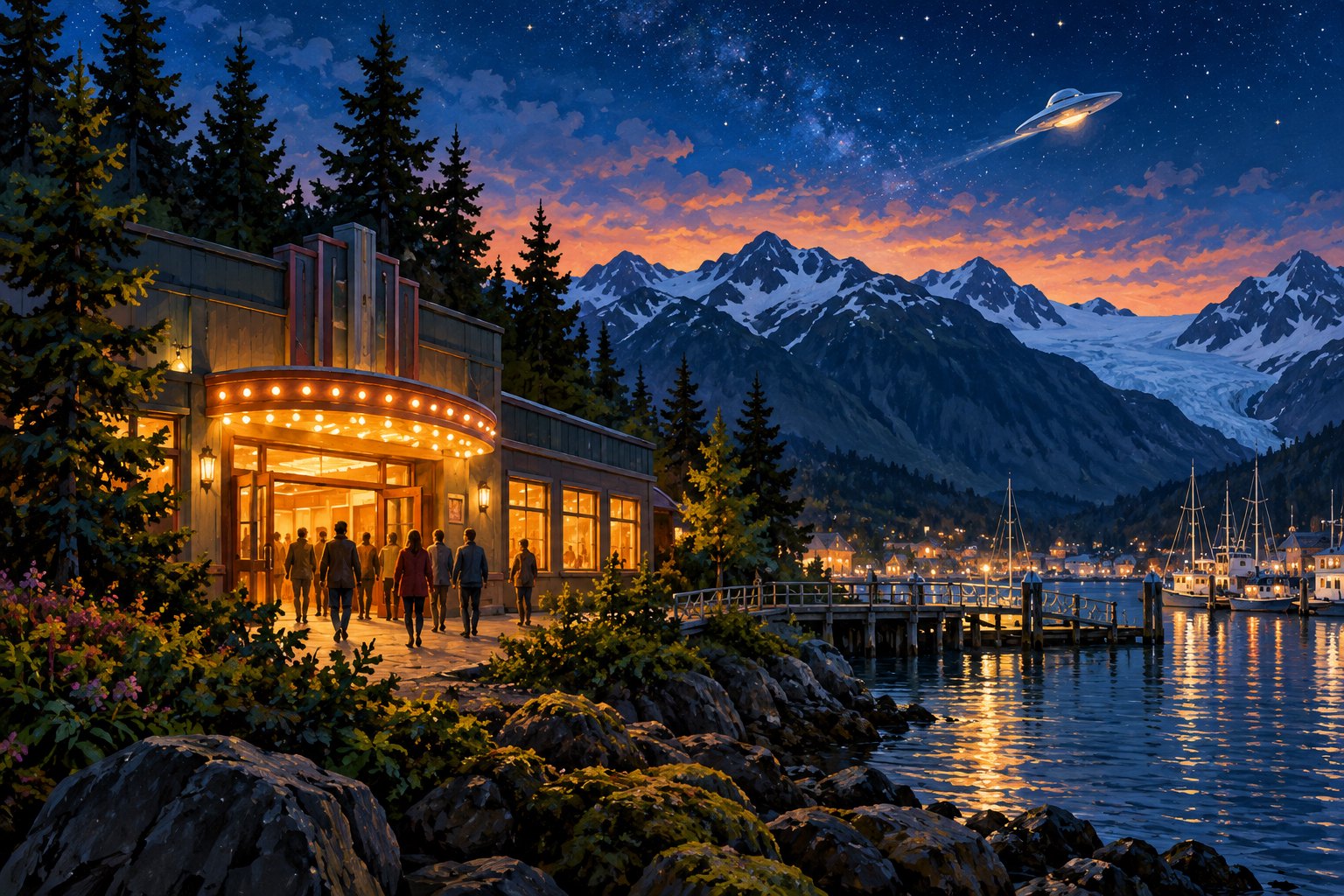 Concept illustration of a warmly lit waterfront movie theater beneath Alaska-inspired mountains and a small flying saucer at twilight.