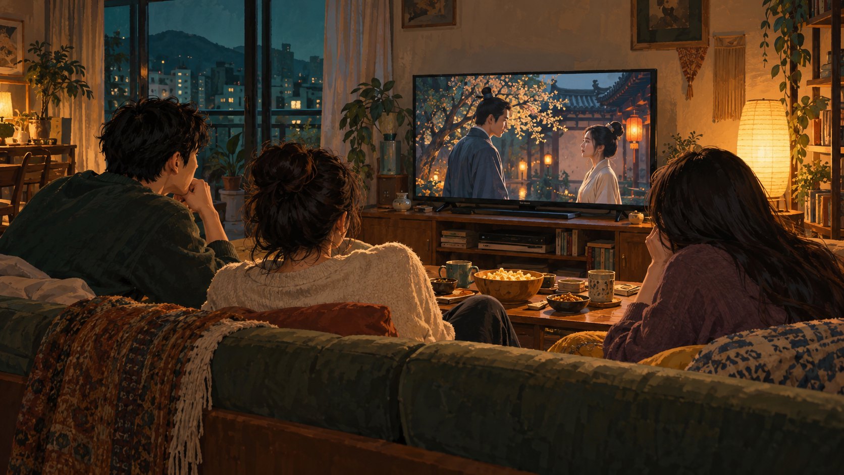 三名觀眾在夜晚客廳一起欣賞戲劇,呈現追劇交流的情境插畫