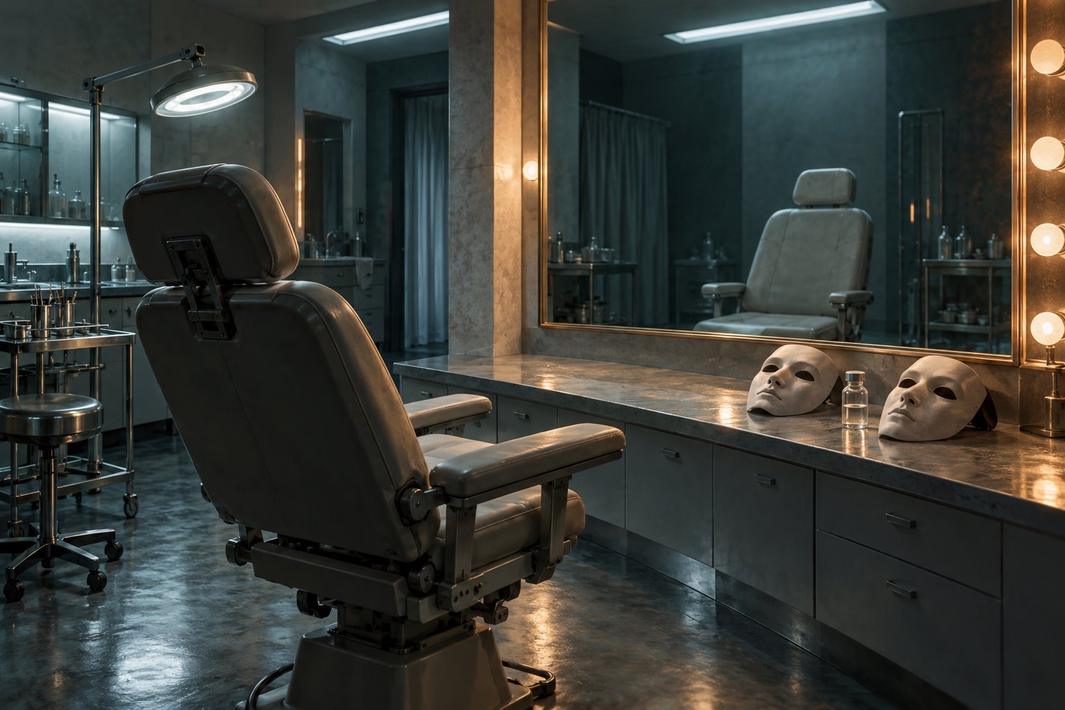 Symbolic illustration of an empty examination chair facing a mirror beside two theatrical masks and a clear vial.