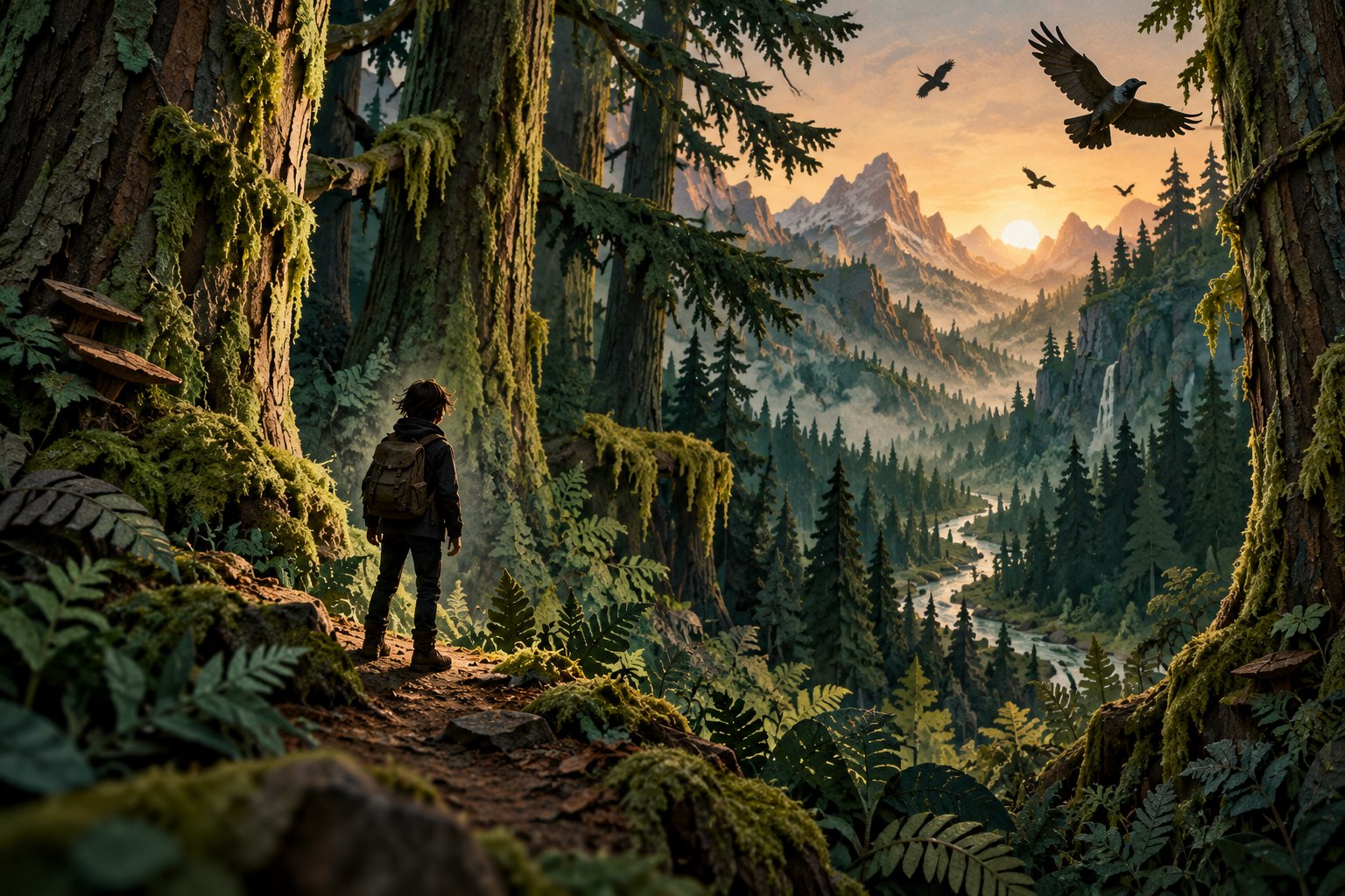 Conceptual illustration of a young traveler overlooking a vast forest valley as crows fly between moss-covered trees.