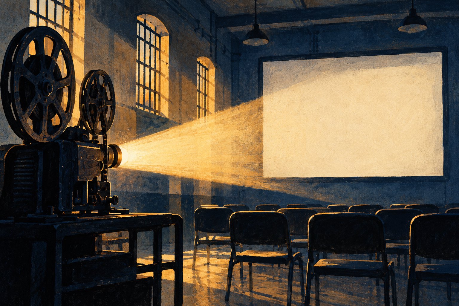 Conceptual illustration of a film projector casting amber light toward a blank screen above rows of empty chairs.