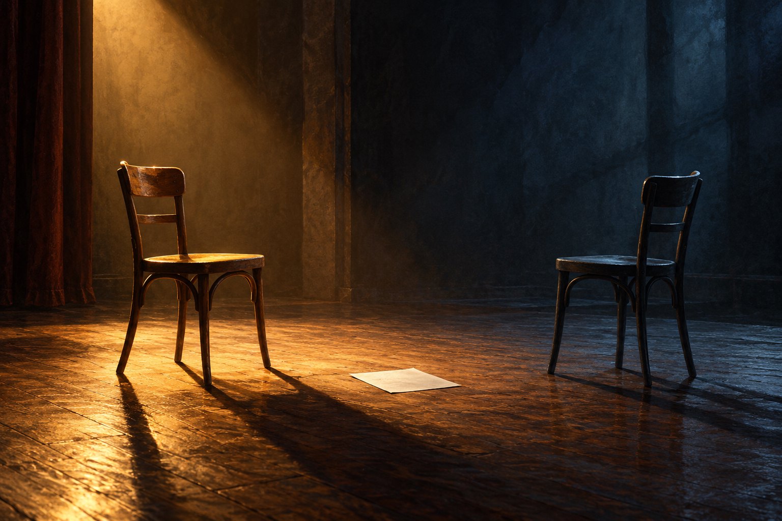 Conceptual illustration of two empty wooden chairs facing each other in warm light and cool shadow, with a blank sheet between them.