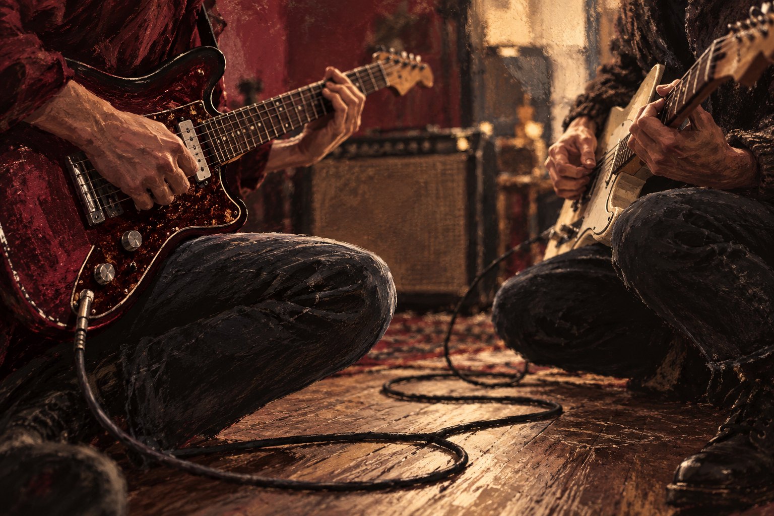 Conceptual illustration of two anonymous guitarists playing opposite each other in a warmly lit rehearsal space.
