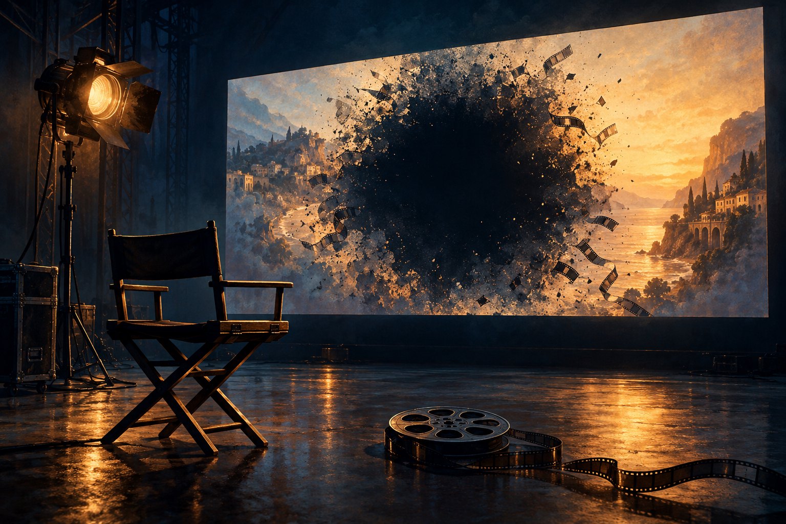 Conceptual illustration of an empty director’s chair facing a glowing screen with a dark void on a shadowy soundstage.