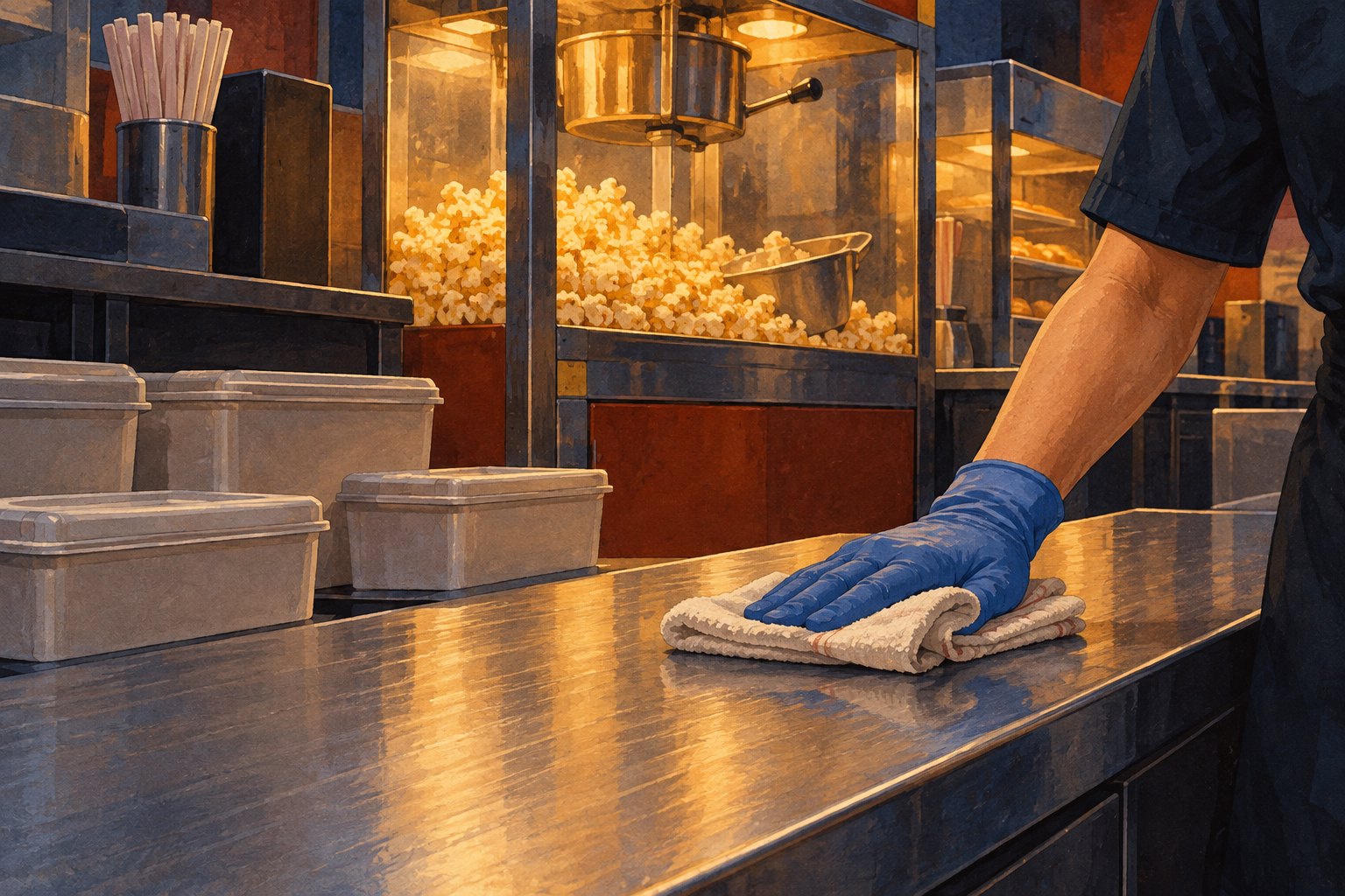 Conceptual illustration of a gloved worker wiping a cinema concession counter beside a popcorn machine and closed storage containers.
