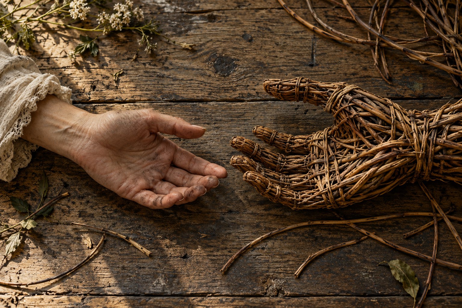 Conceptual illustration of an open human hand and a woven willow hand facing each other across a wooden table.