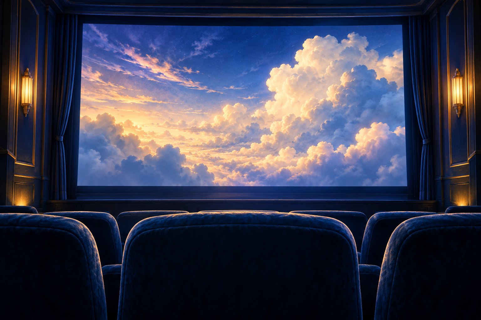 Conceptual illustration of an empty cinema with blue seats facing a luminous screen filled with clouds.