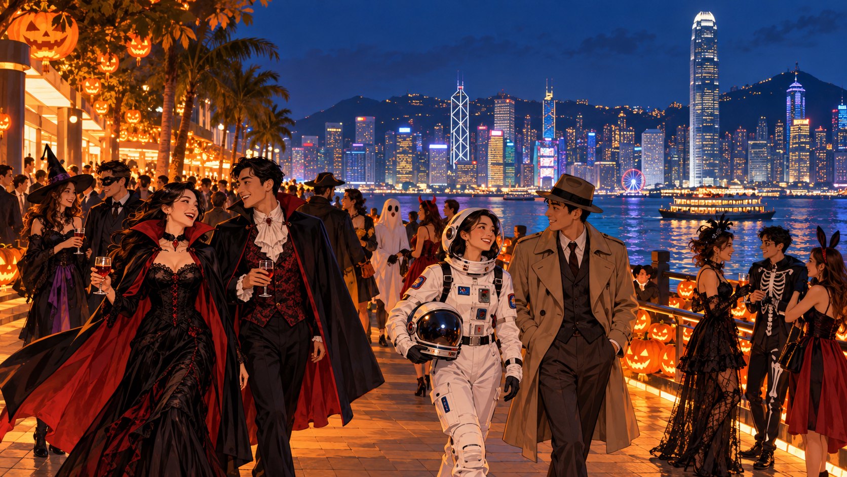 萬聖節夜晚,穿著吸血鬼、太空探險者與偵探服裝的人們漫步香港海旁的情境插畫,非活動現場紀錄