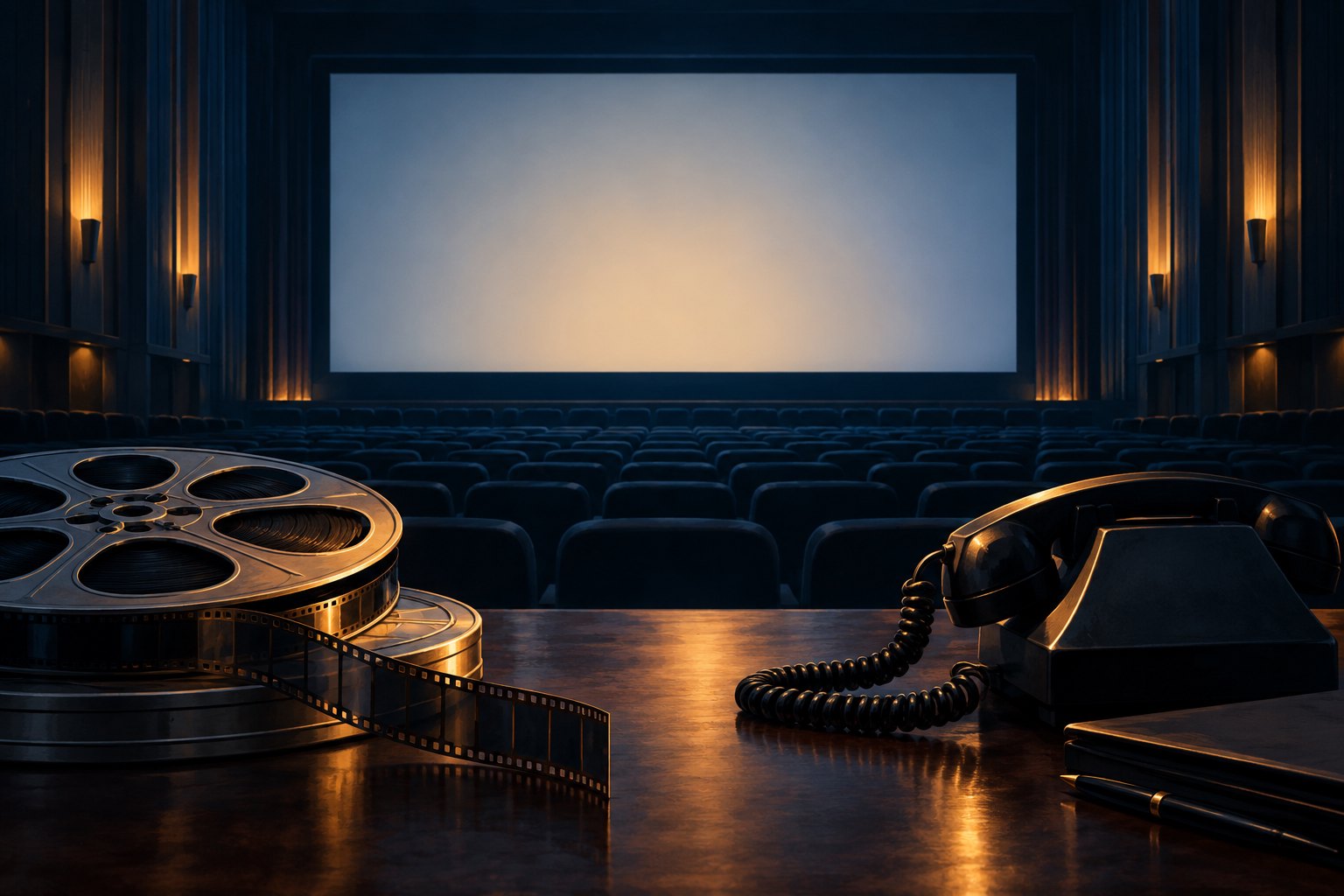 Conceptual illustration of film reels and a telephone facing a blank screen in an empty movie theater.