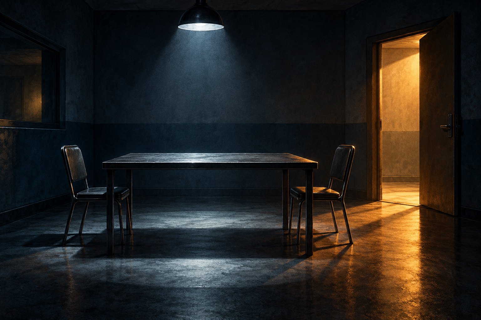 Conceptual illustration of an empty interrogation room with two chairs, cold overhead light, and a warmly lit doorway.