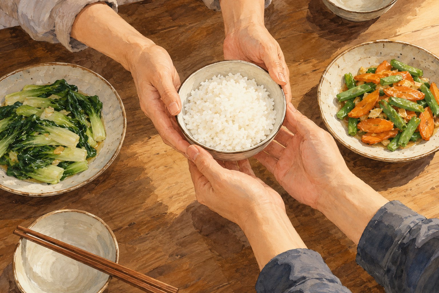 主题插画：家常餐桌上，两双手递接一碗米饭，表现分享与关照