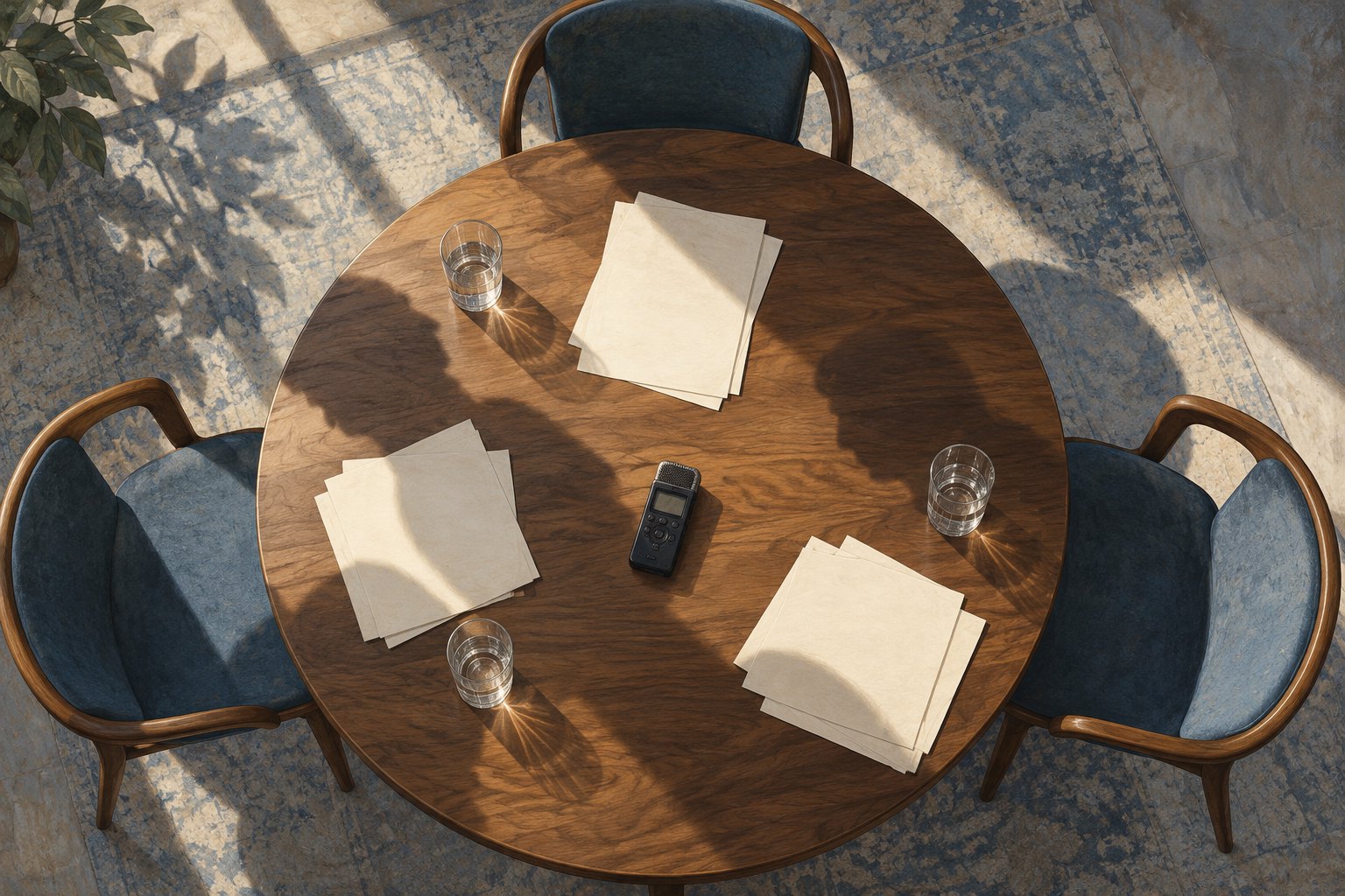 Conceptual illustration of three empty chairs around an interview table with a recorder and blank papers.