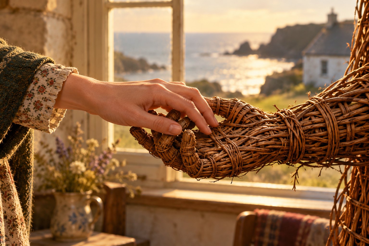 Conceptual illustration of a woman's hand touching a woven wicker hand beside a sunlit seaside window.