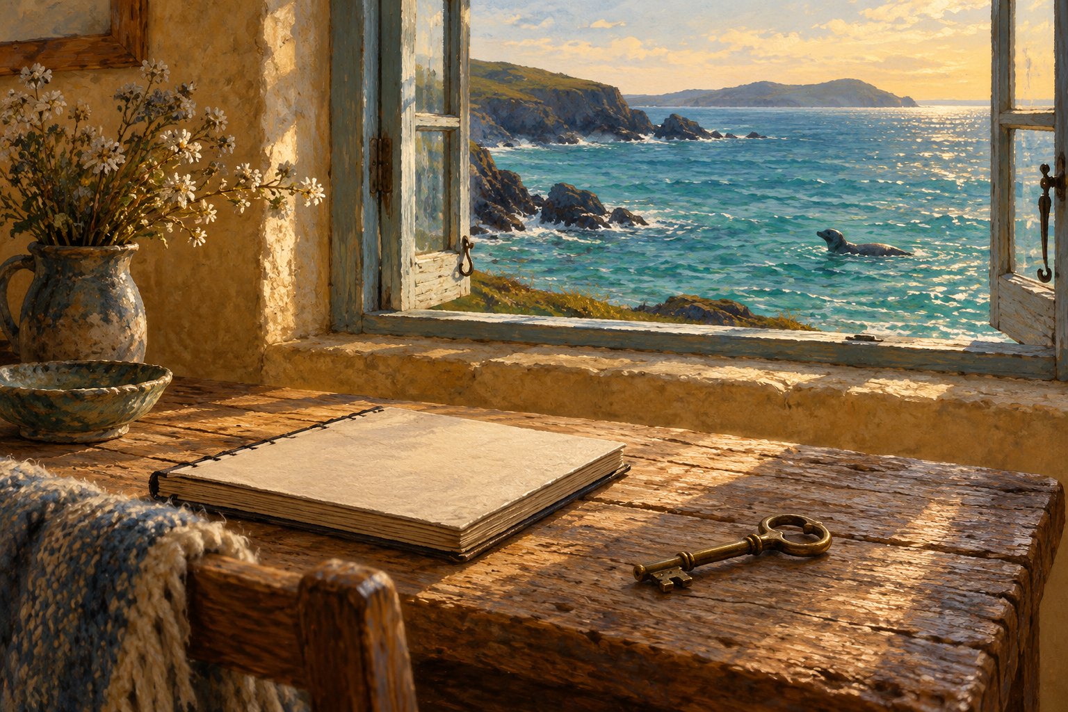 Conceptual illustration of a sketchbook and brass key beside a cottage window overlooking the sea and a swimming seal.