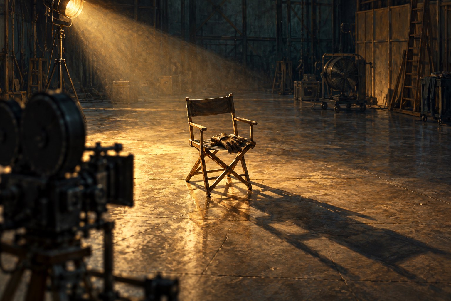 Conceptual illustration of an empty wooden chair with leather gloves under a spotlight on a vintage soundstage.