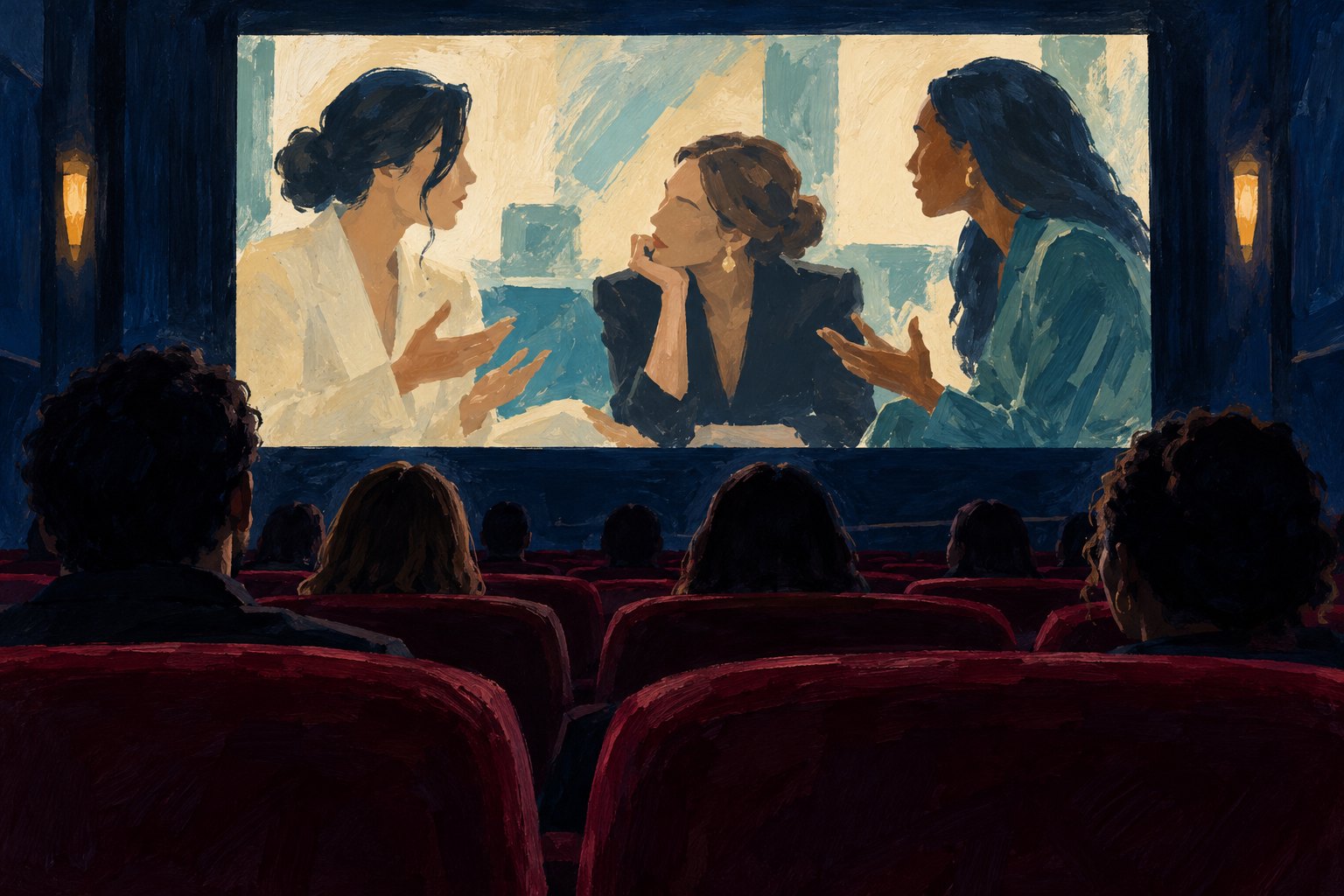 Conceptual illustration of a cinema audience watching three fictional women in conversation on a large screen.