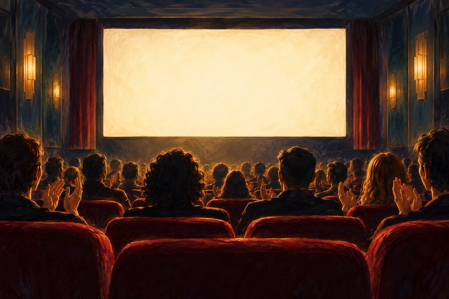 Conceptual illustration of a cinema audience applauding beneath the warm light of a blank screen.