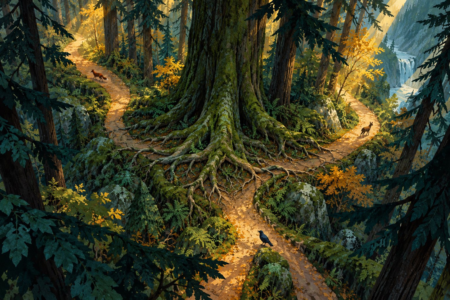 Conceptual illustration of branching woodland paths surrounding an ancient tree with interconnected roots.