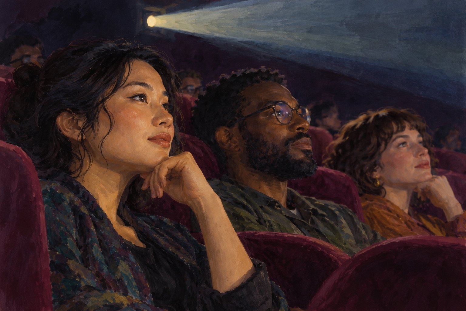 Editorial illustration of three attentive moviegoers illuminated by screen light inside a dark theater.