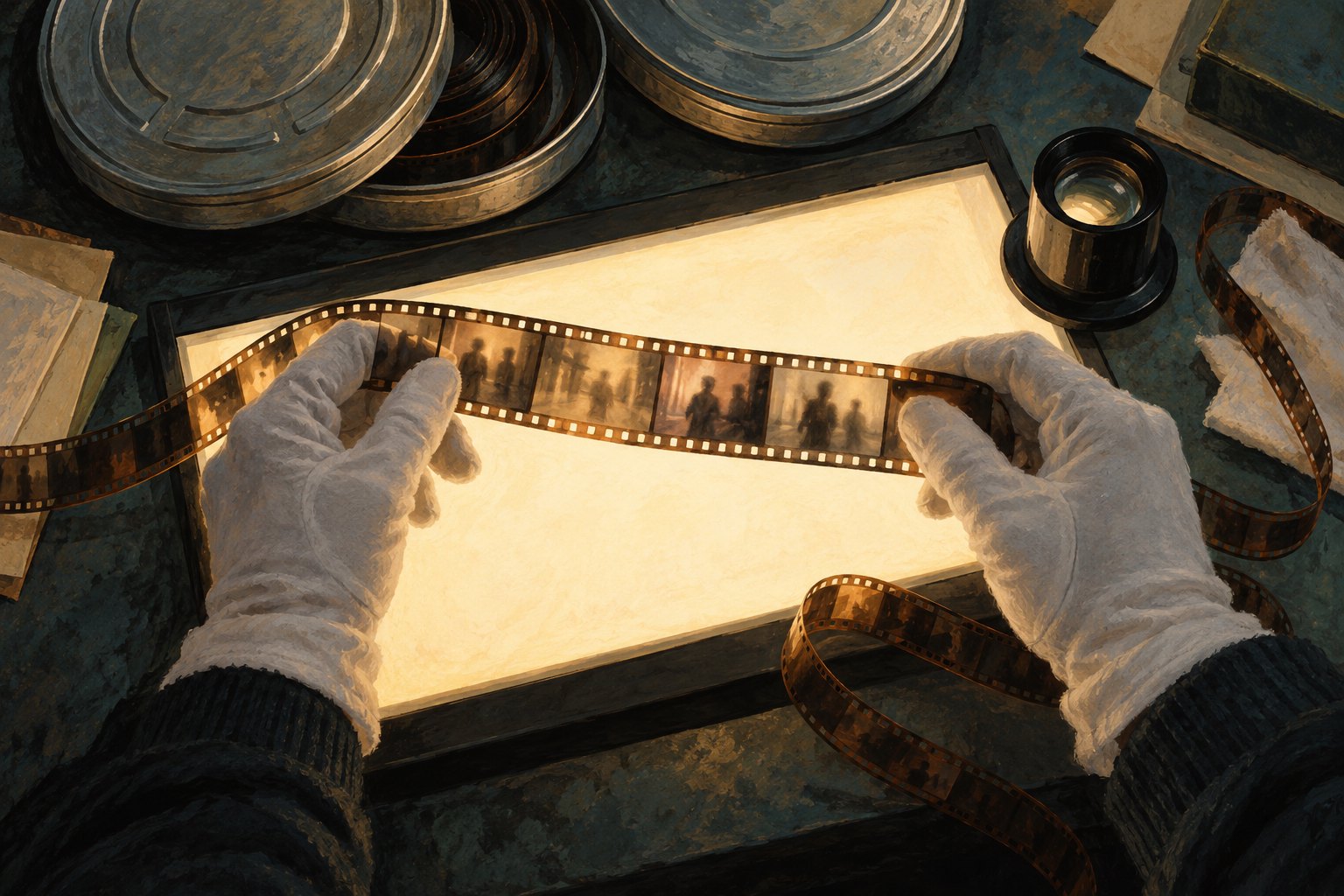 Conceptual illustration of gloved hands examining a filmstrip over an illuminated table beside film cans and a magnifying loupe.