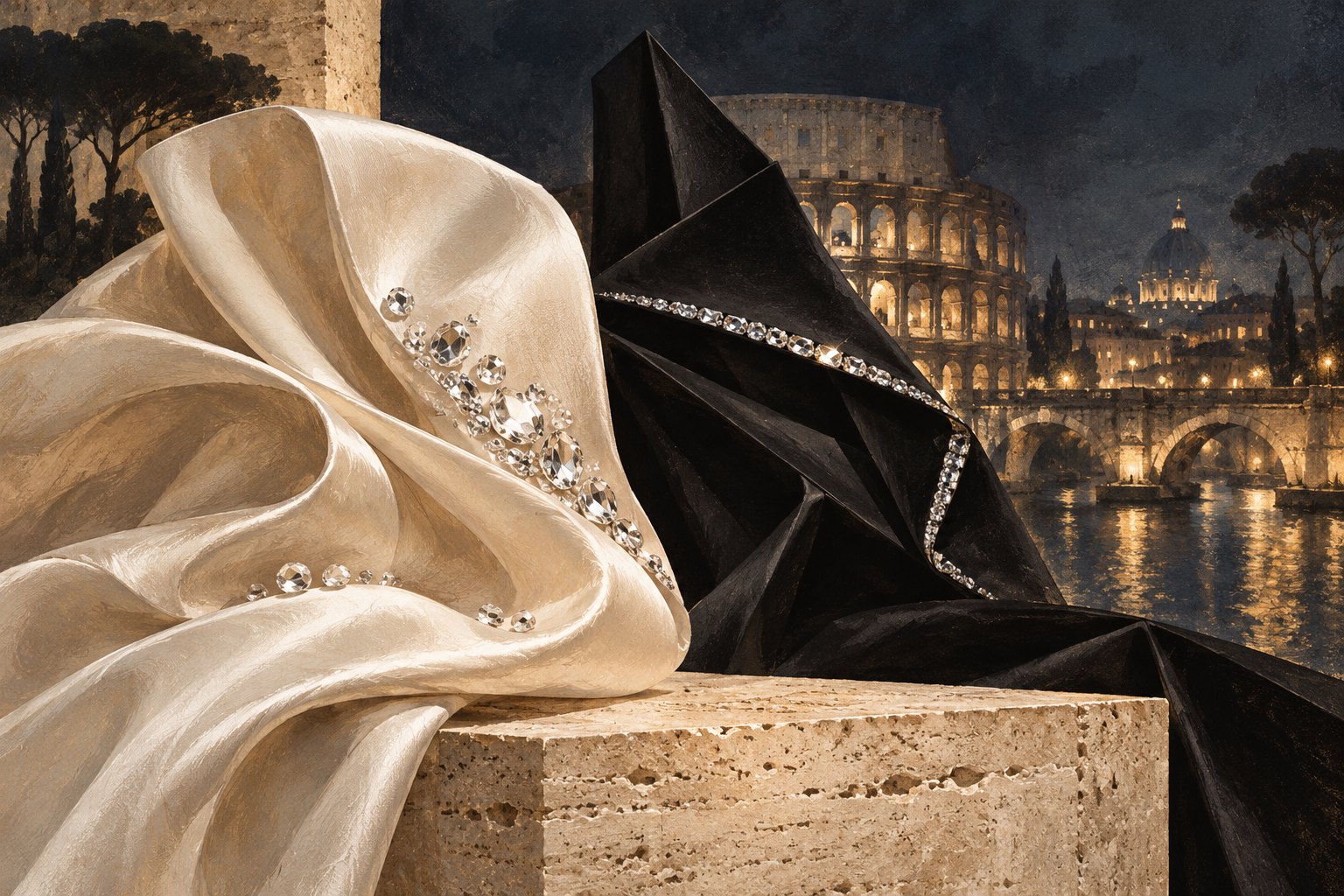 Conceptual illustration of crystal-accented ivory and black fabric on a stone plinth against a nighttime Roman backdrop.
