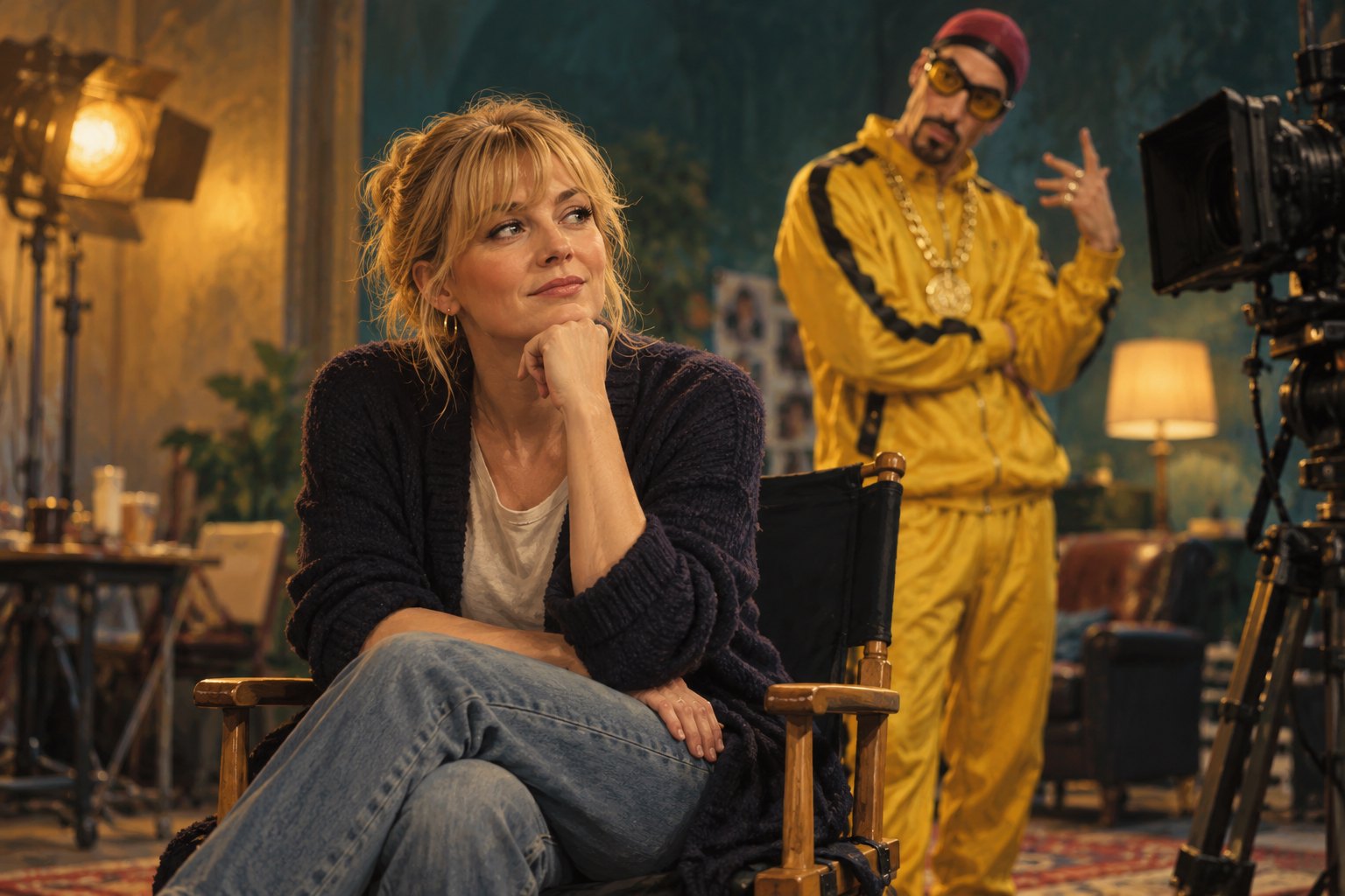 Conceptual illustration of a seated female performer with a male comedian in a yellow tracksuit behind her on a rehearsal set.
