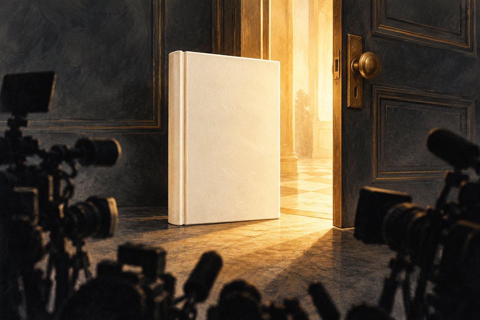 Conceptual illustration of a blank book beside a warmly lit doorway, surrounded by camera silhouettes.