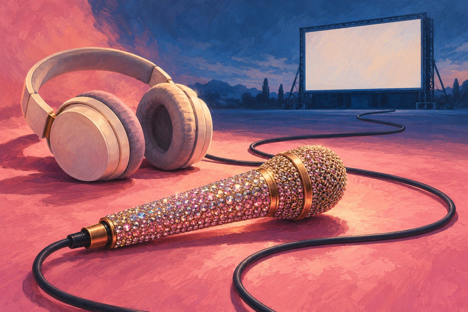 Conceptual illustration of a jeweled microphone and headphones with a cable leading toward a blank outdoor movie screen.
