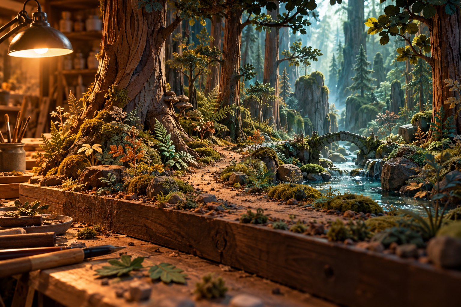 Conceptual illustration of a handcrafted miniature forest with a winding path on a warmly lit workshop table.