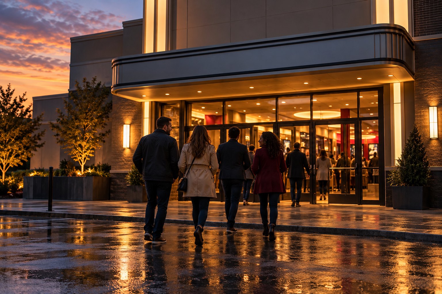 Moviegoers approach a warmly lit neighborhood cinema at dusk, with light reflecting on wet pavement.