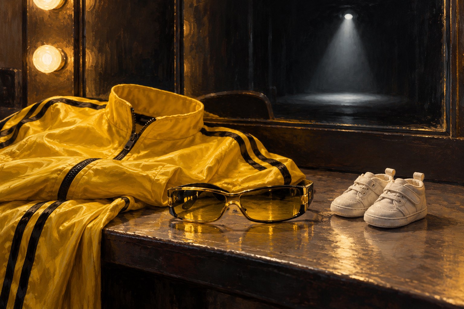 Conceptual illustration of a yellow tracksuit, tinted sunglasses, and baby shoes on a dressing table facing an empty spotlight.