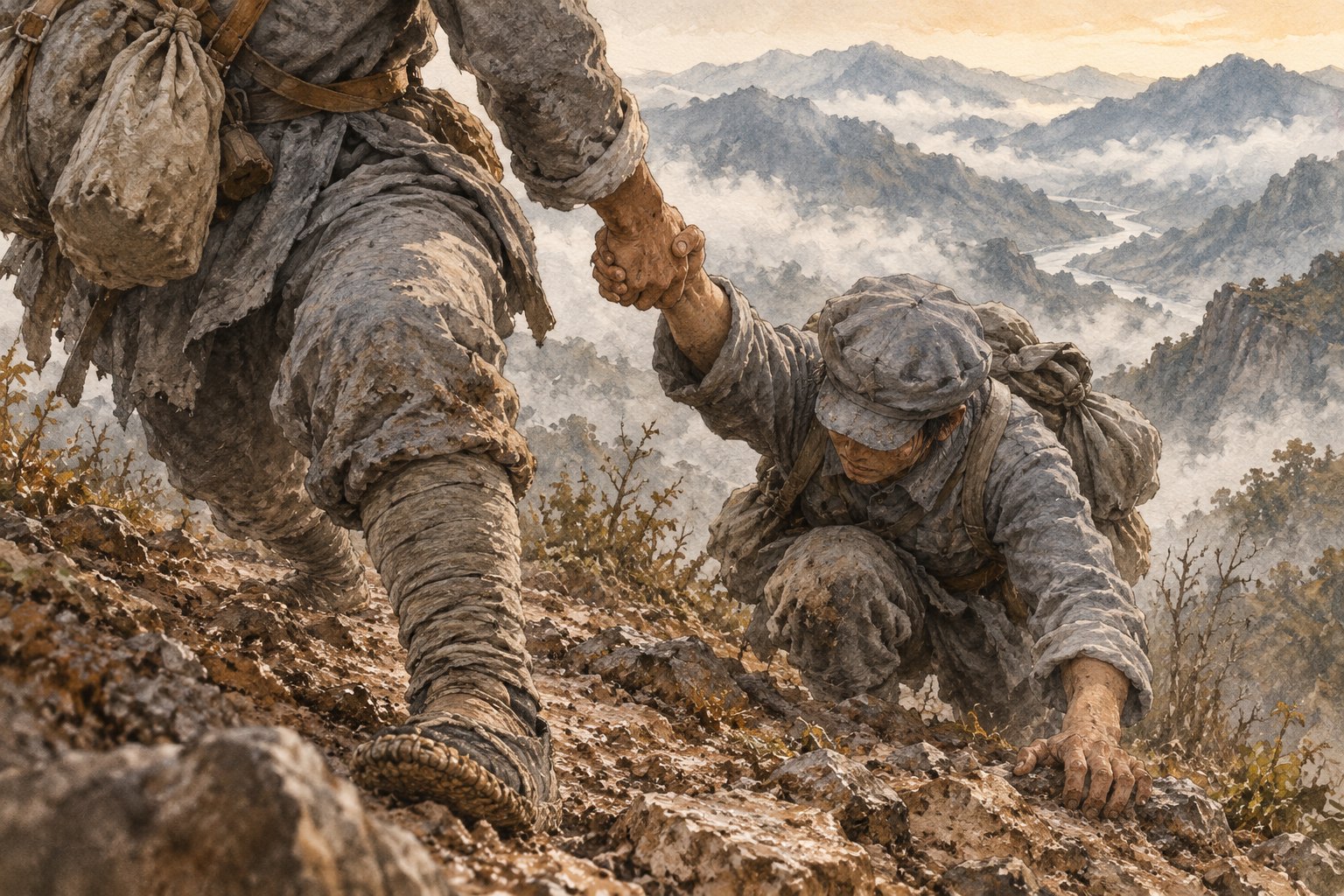 长征题材概念插画:山路上的行路者伸手扶起疲惫同伴,远处群山隐入薄雾