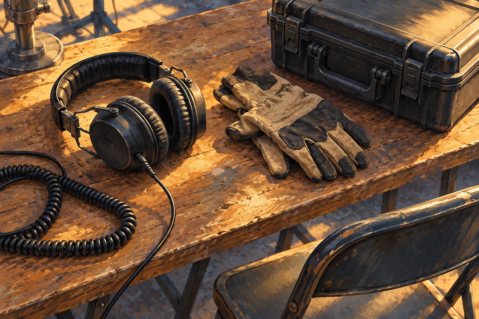 Conceptual illustration of crew headphones, work gloves, and an equipment case on a wooden table beside an empty folding chair.