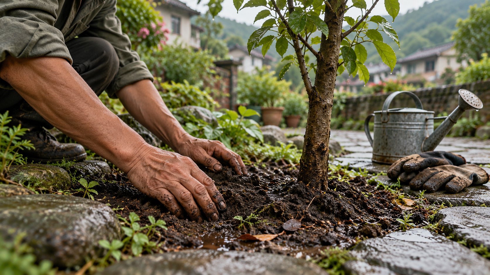 雙手在小樹旁整理濕潤泥土,澆水壺與工作手套放在一旁的照護概念示意圖