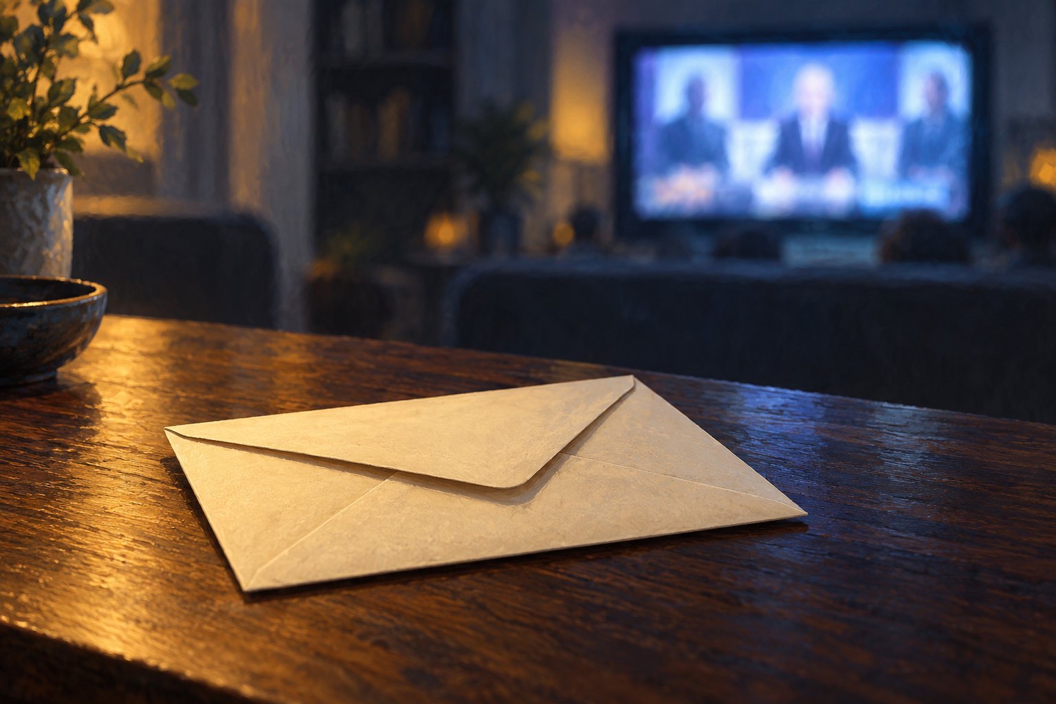Conceptual illustration of a closed cream envelope on a wooden table with a blurred television glowing in the background.
