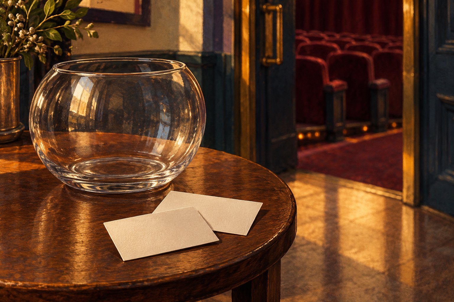Conceptual illustration of blank voting cards beside a glass bowl on a wooden table outside a cinema auditorium.
