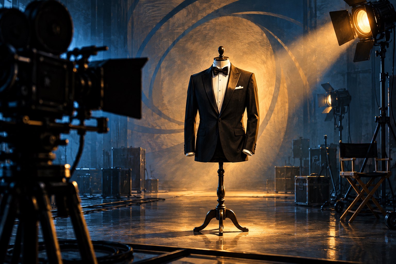 Conceptual illustration of a tuxedo on a mannequin under studio lights, with a movie camera in the foreground.