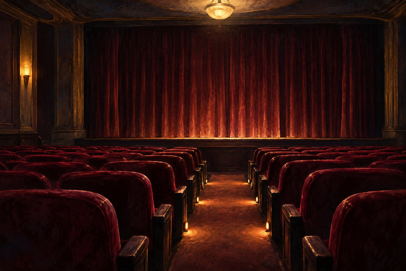 Conceptual illustration of an empty movie theater with burgundy seats and closed curtains illuminated by warm lights.