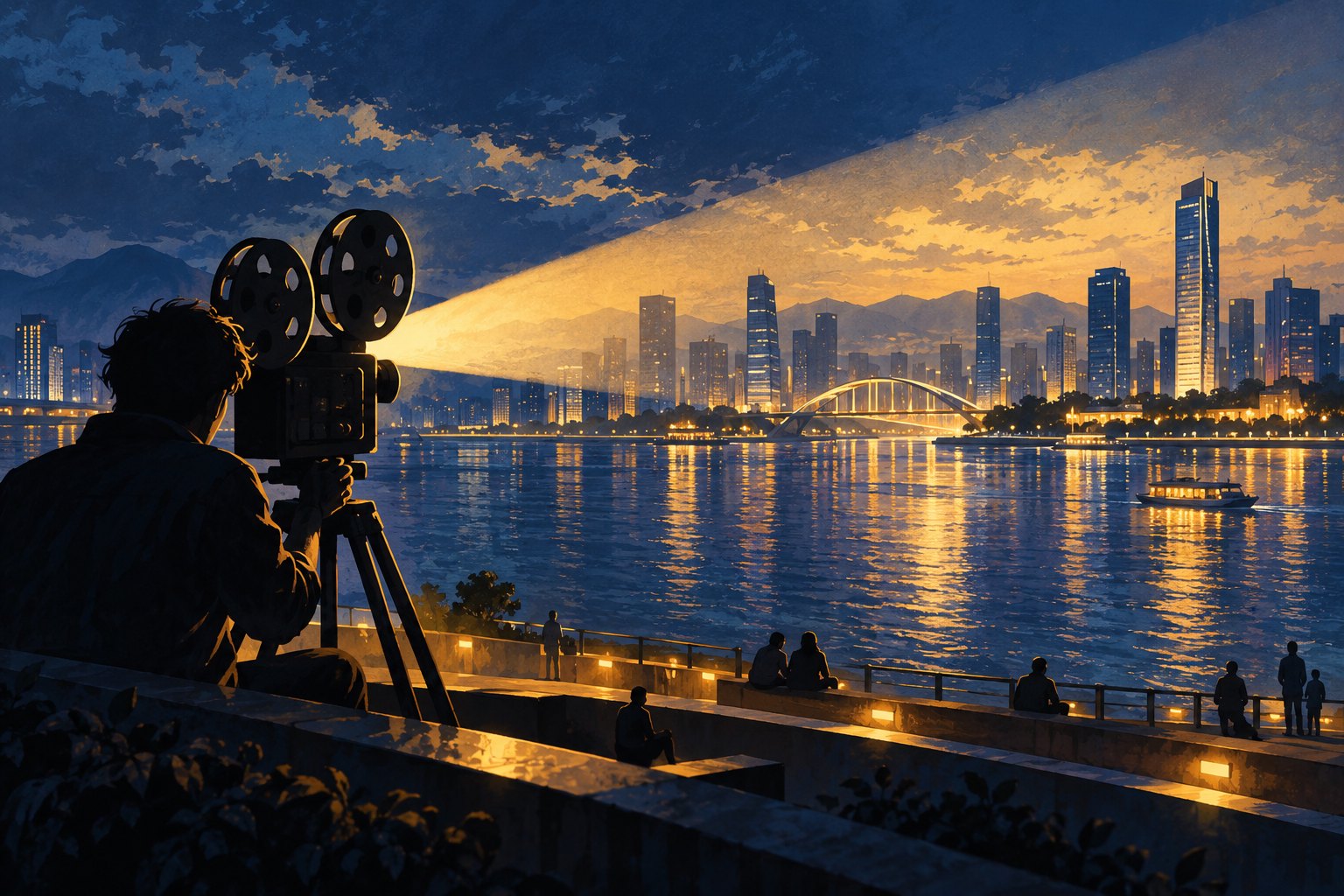 滨水城市夜色中，放映机投出金色光束的电影主题概念插画