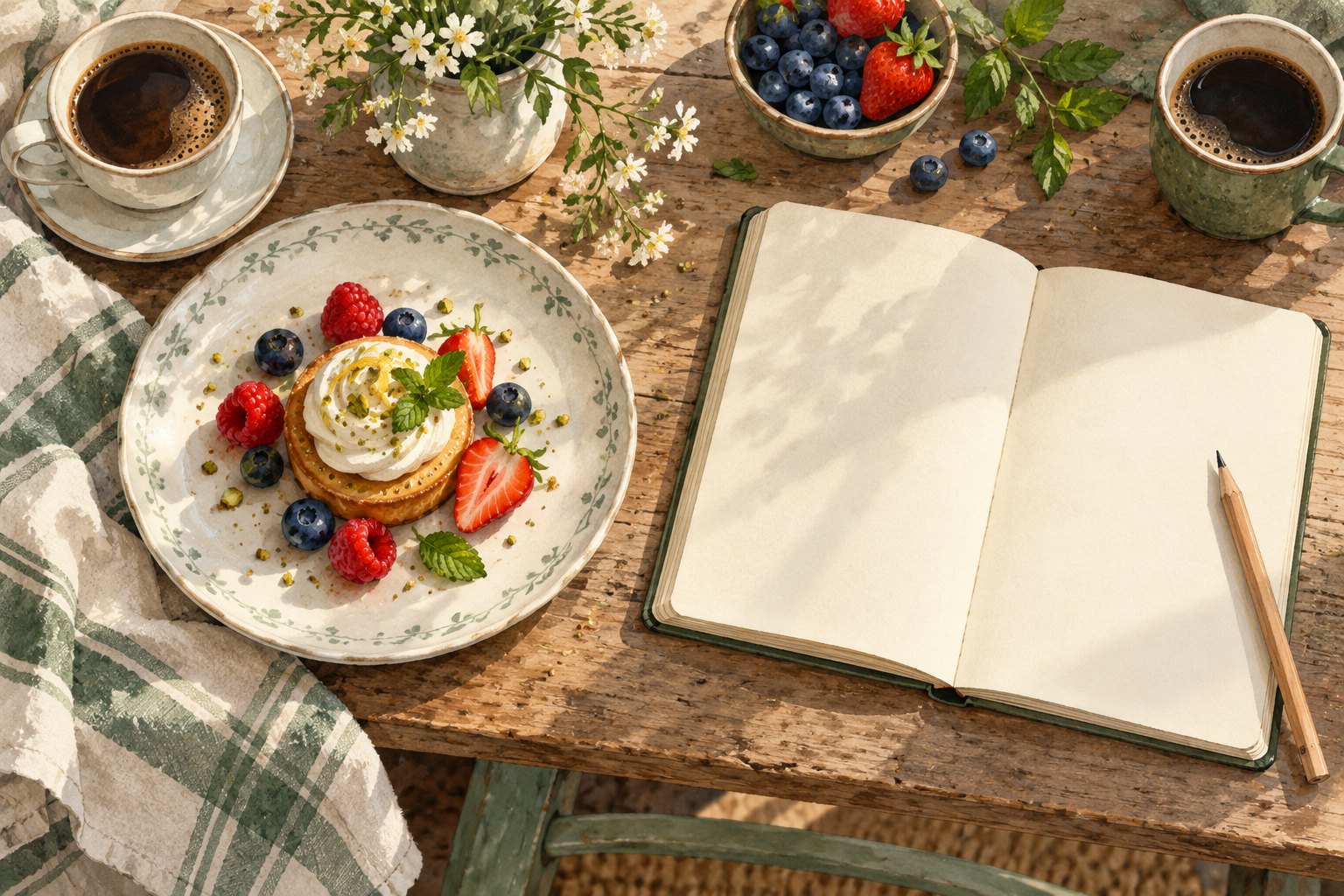 Conceptual watercolor illustration of a berry dessert, blank notebook, pencil, and two coffee cups on a wooden table.