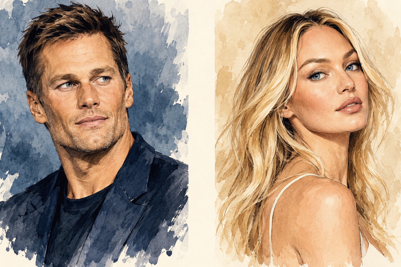 Editorial illustration of Tom Brady and Candice Swanepoel in separate portrait panels.
