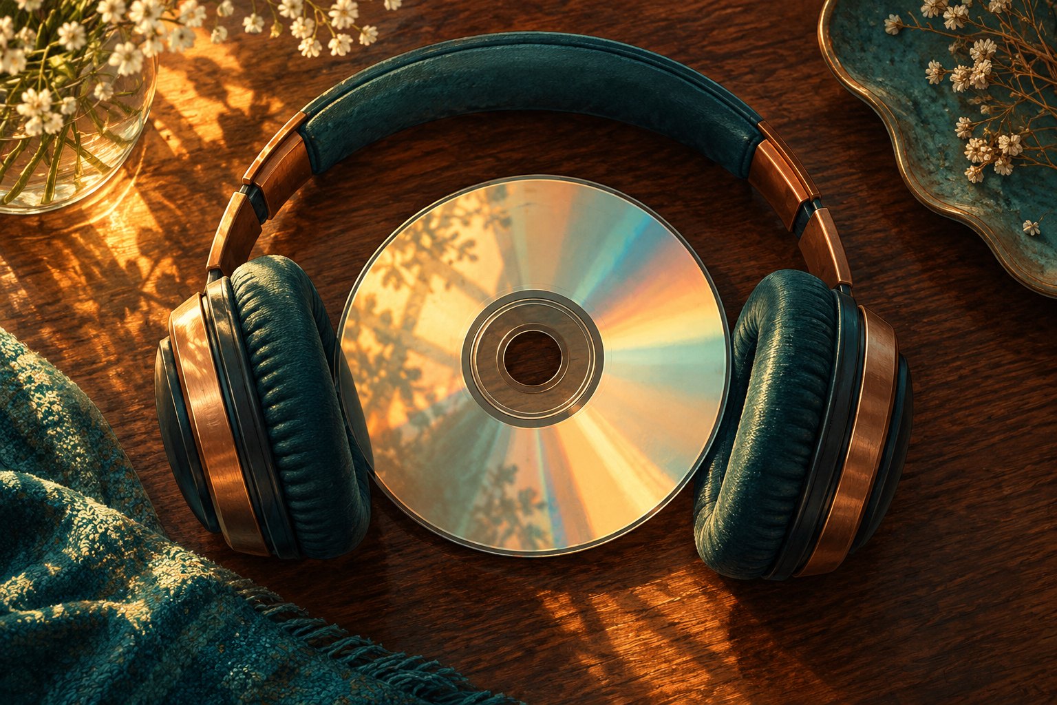 Painterly overhead illustration of teal headphones surrounding a reflective compact disc on a sunlit wooden table.